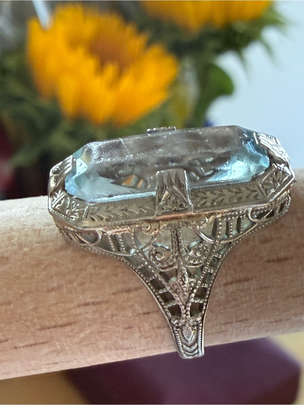 Antique Art Deco OB Ostby Barton 10K White Gold Filigree Ring Blue Stone Size 3